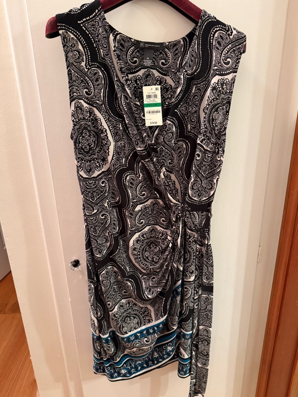 INC International Concepts Black & White Paisley Dress with Teal Border- NWT